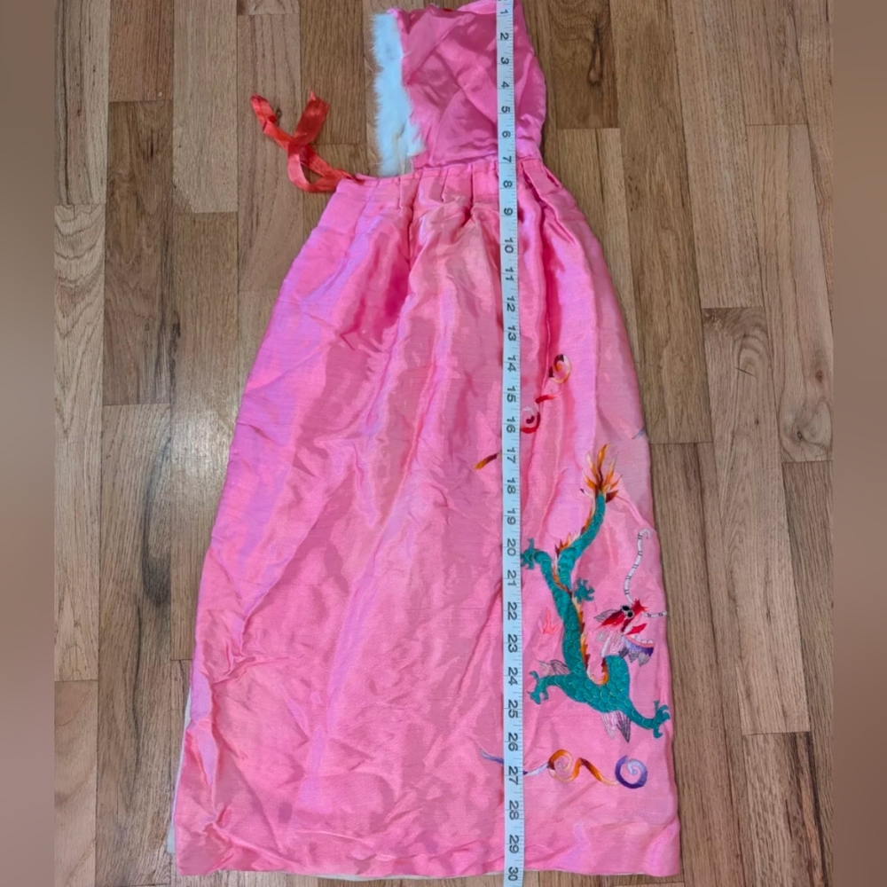 RARE Child Shanghai Embroidered Robe Cape Vintage Satin Dragon Fur Trim Pink - Picture 15 of 16
